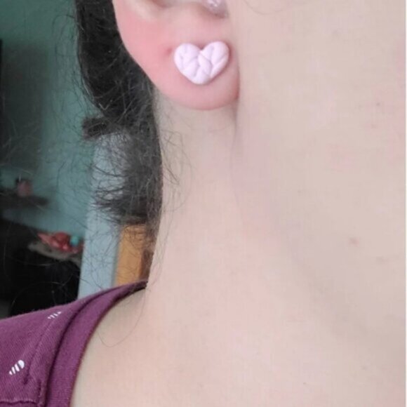Powder Pink Mini Heart Stud Earring Set of 2 Dainty Minimalist - Picture 4 of 4
